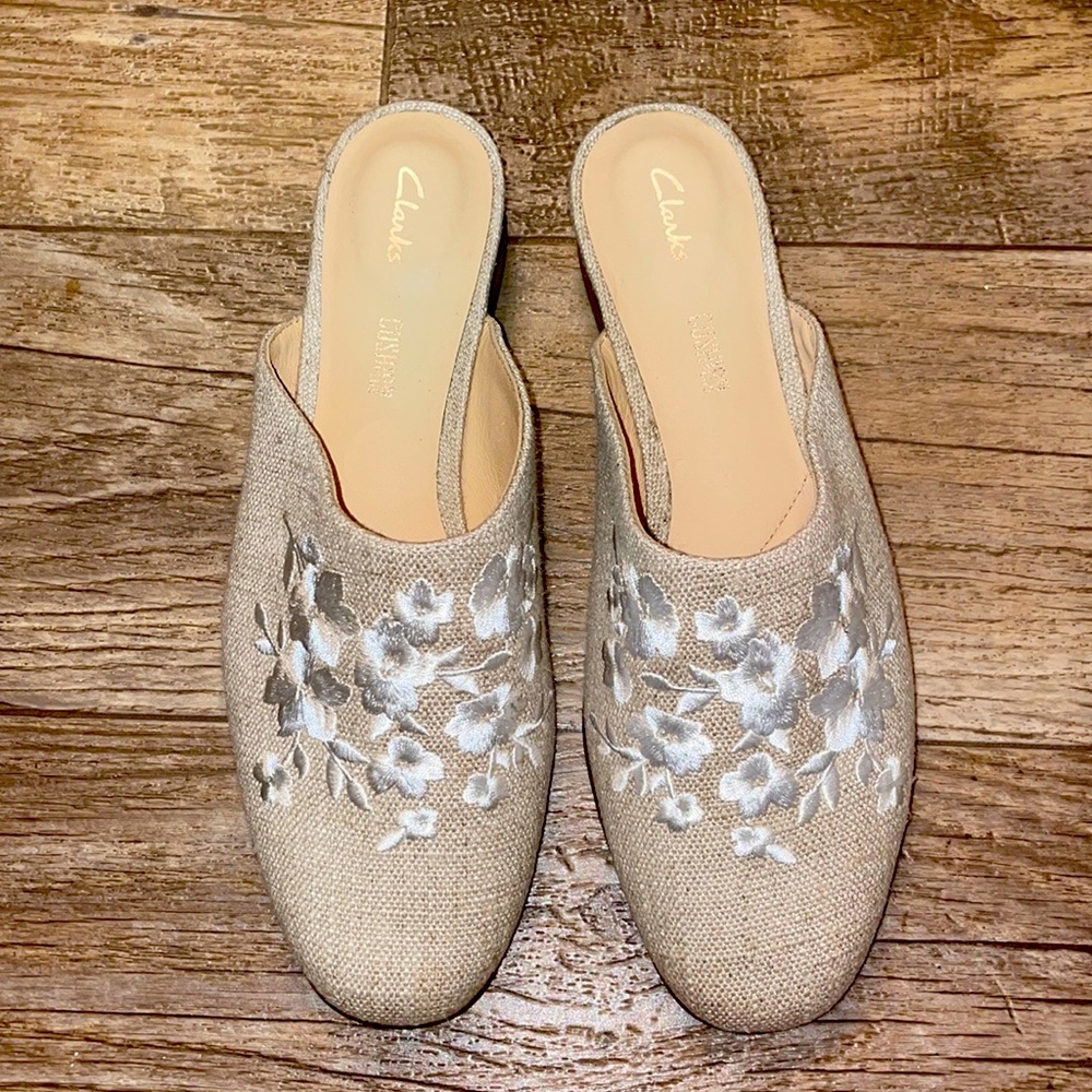 Clarks embroidered mules